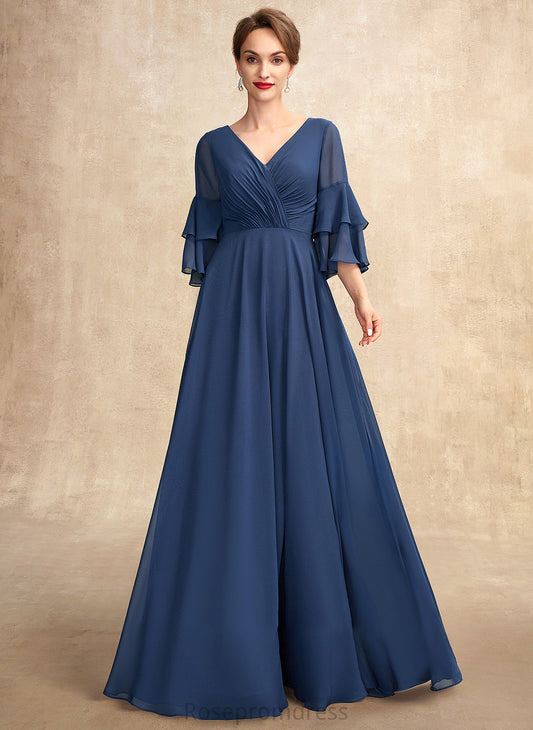 Chiffon Bride Mother of Floor-Length Dress V-neck the With Mother of the Bride Dresses A-Line Ruffles Micaela Cascading