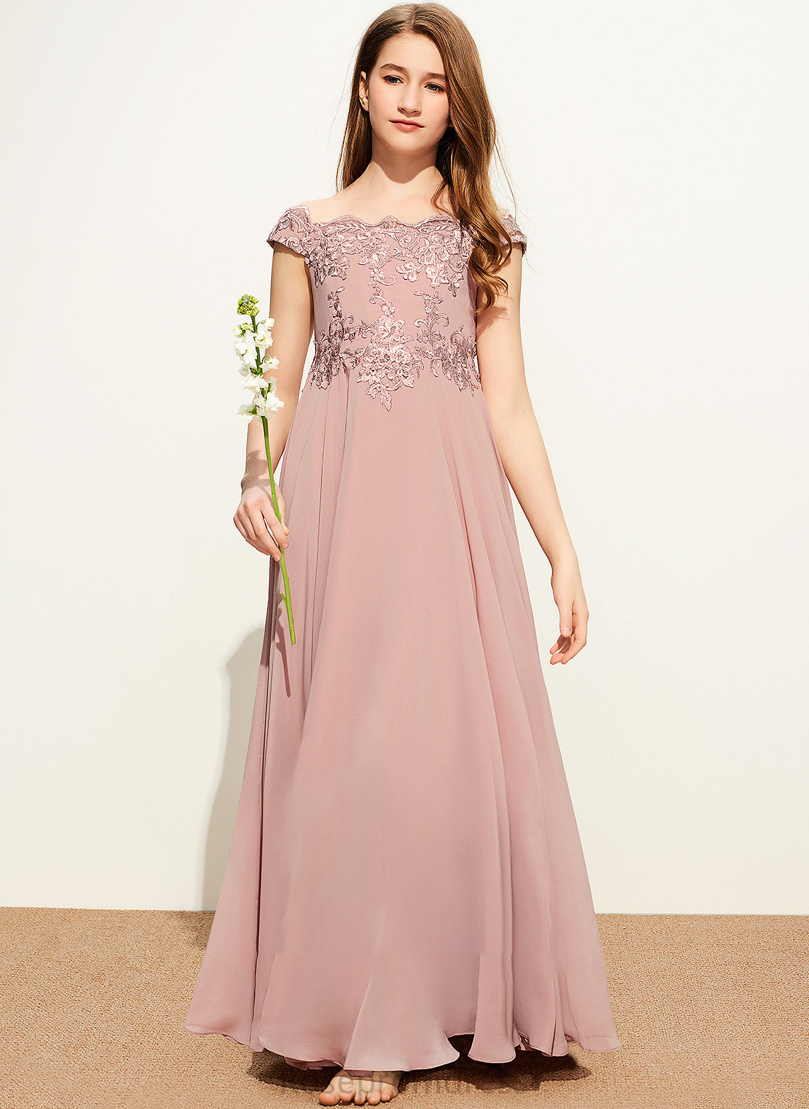 Cristal A-Line Floor-Length Chiffon Lace Off-the-Shoulder Junior Bridesmaid Dresses