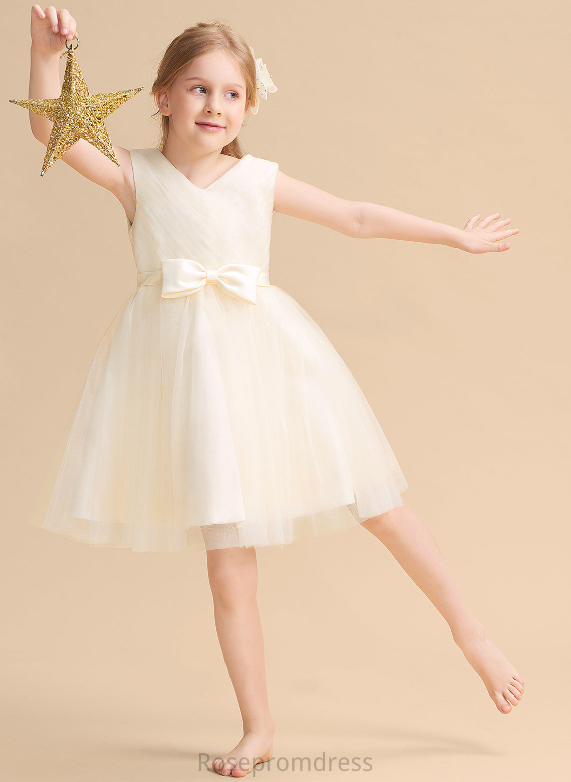 Dress Girl Katherine V-neck A-Line Flower Girl Dresses - With Knee-length Bow(s) Sleeveless Tulle Flower