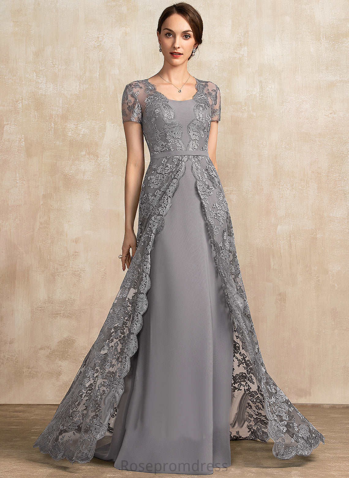 A-Line Bride of Nydia Chiffon Train the Mother of the Bride Dresses Neckline Square Dress Sweep Lace Mother