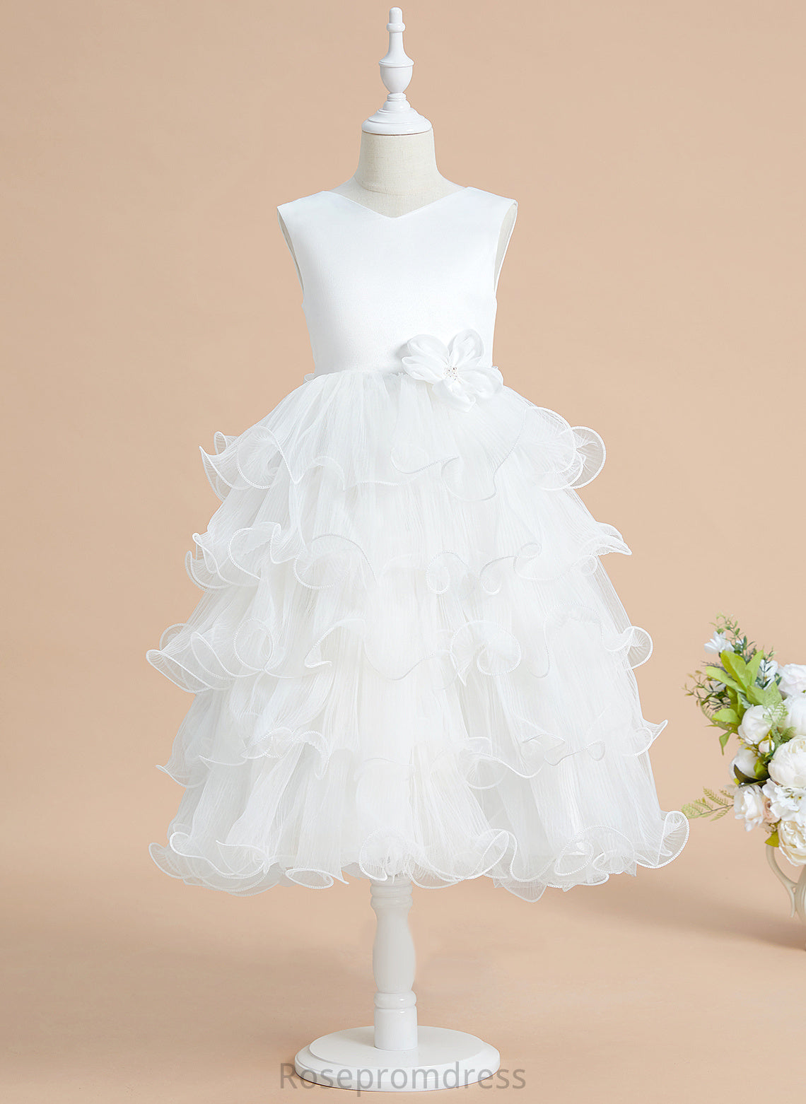 V-neck Ball-Gown/Princess Satin/Tulle Bow(s) Girl Flower Girl Dresses Sleeveless Jean Dress With Tea-length Flower