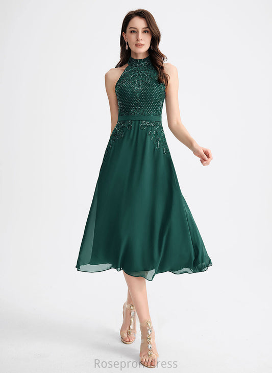 Chiffon Dress A-Line Cocktail Mylee Scoop Tea-Length Sequins With Lace Cocktail Dresses Neck