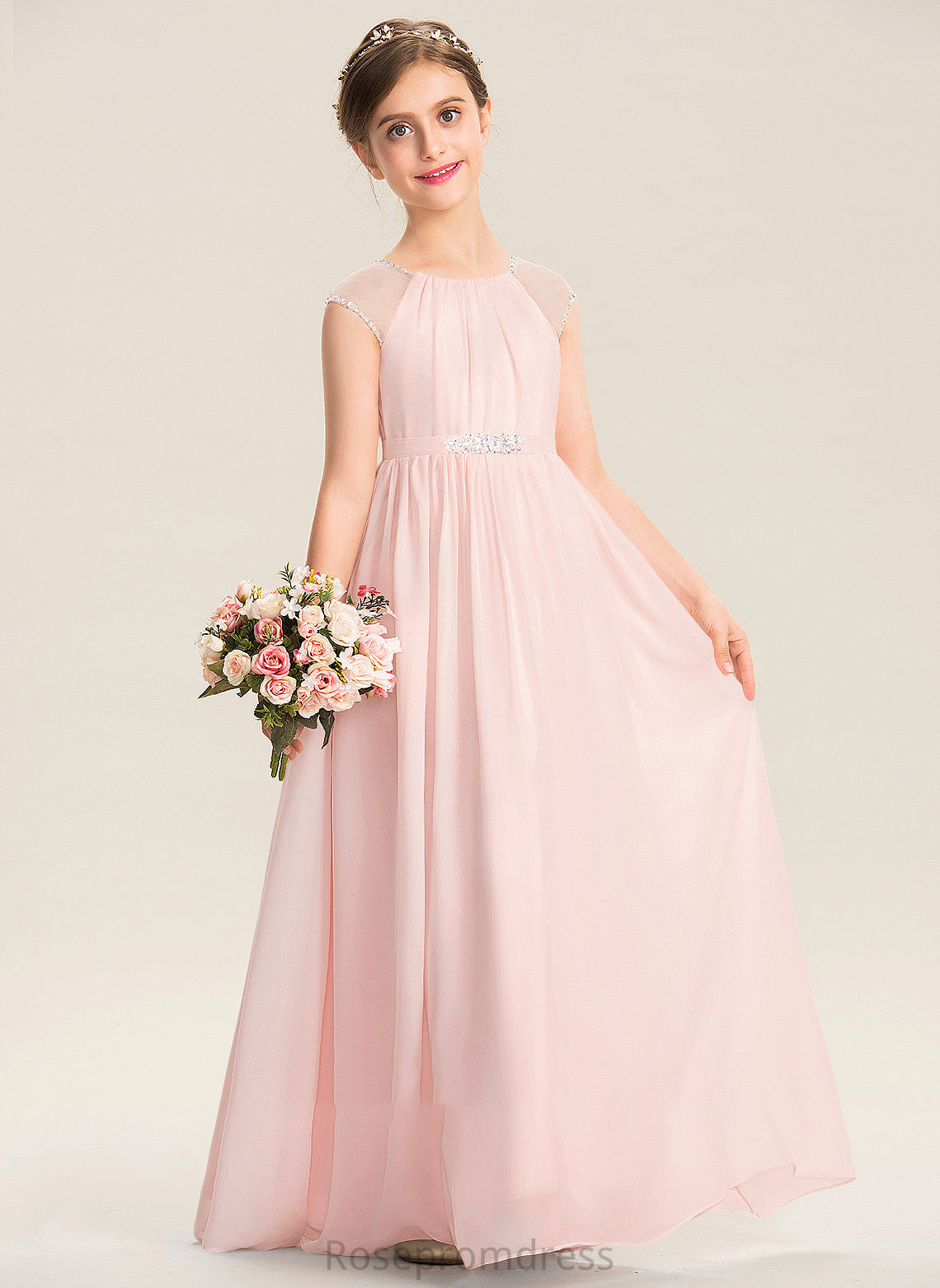 With A-Line Gracelyn Floor-Length Scoop Beading Neck Sequins Chiffon Junior Bridesmaid Dresses