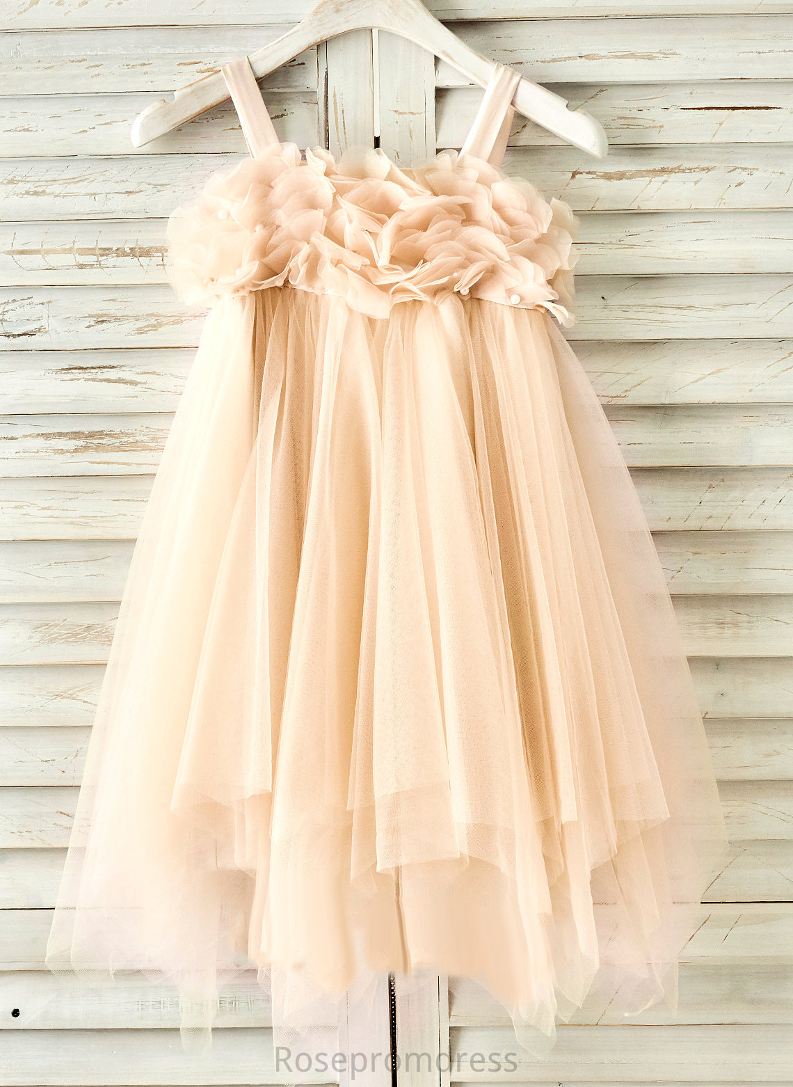 Girl With Sleeveless Flower Straps Beading Knee-length Elle A-Line/Princess Flower Girl Dresses - Tulle Dress