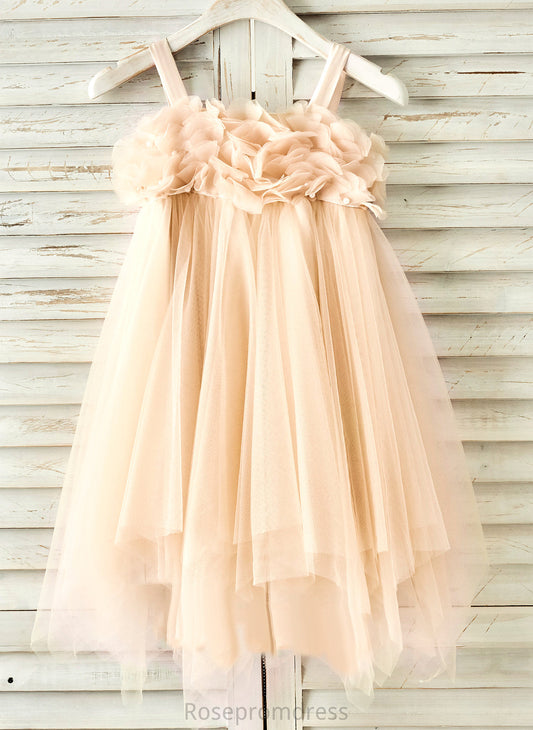 Girl With Sleeveless Flower Straps Beading Knee-length Elle A-Line/Princess Flower Girl Dresses - Tulle Dress