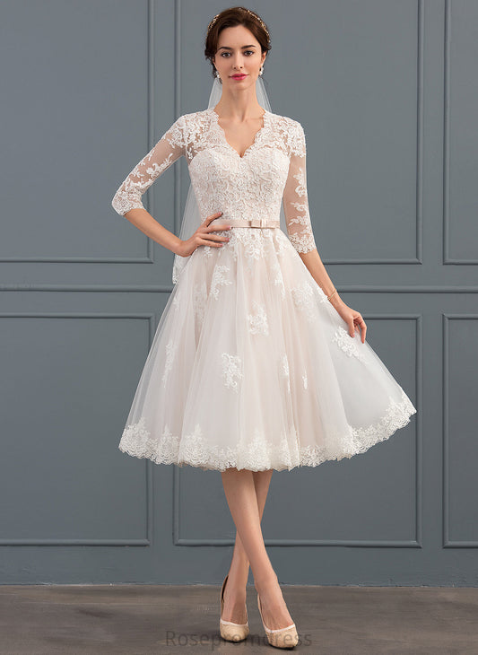 V-neck A-Line With Bow(s) Tulle Lace Dress Wedding Dresses Anabella Knee-Length Wedding