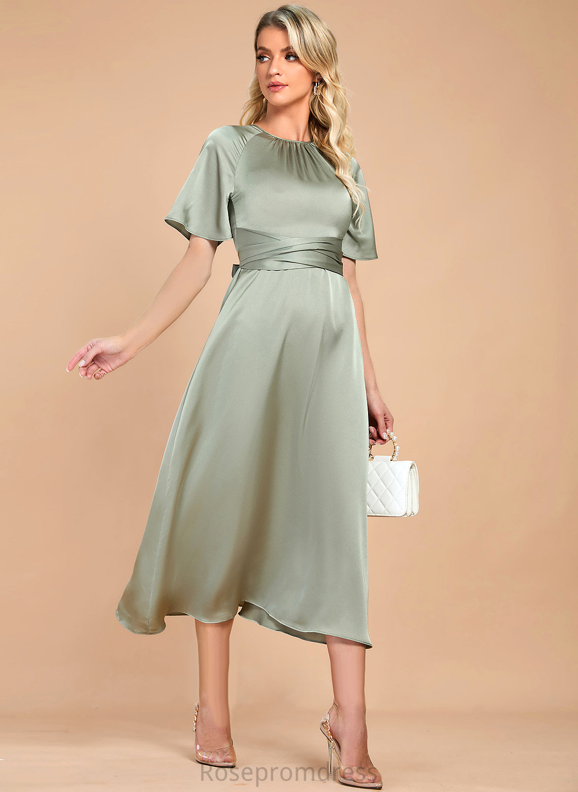 Sleeves Round Elegant Neck Luna A-line Midi Short Club Dresses Satin Dresses