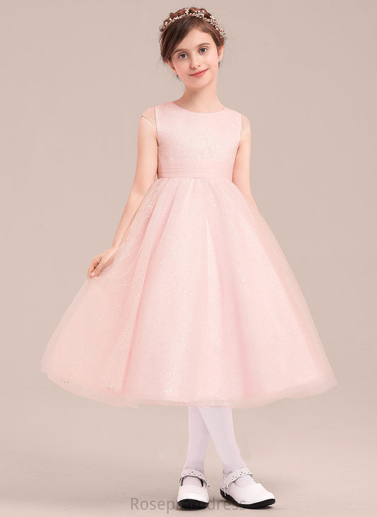 Bow(s) Sleeveless Caroline With Dress Tulle Girl Scoop A-Line/Princess - Tea-length Flower Neck Flower Girl Dresses