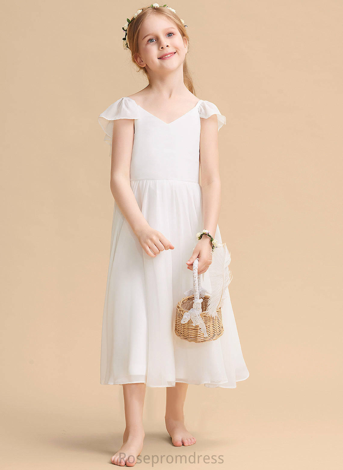 Chiffon/Satin Tea-length Girl V-neck - Flower Sleeveless Dress A-Line Pauline Flower Girl Dresses