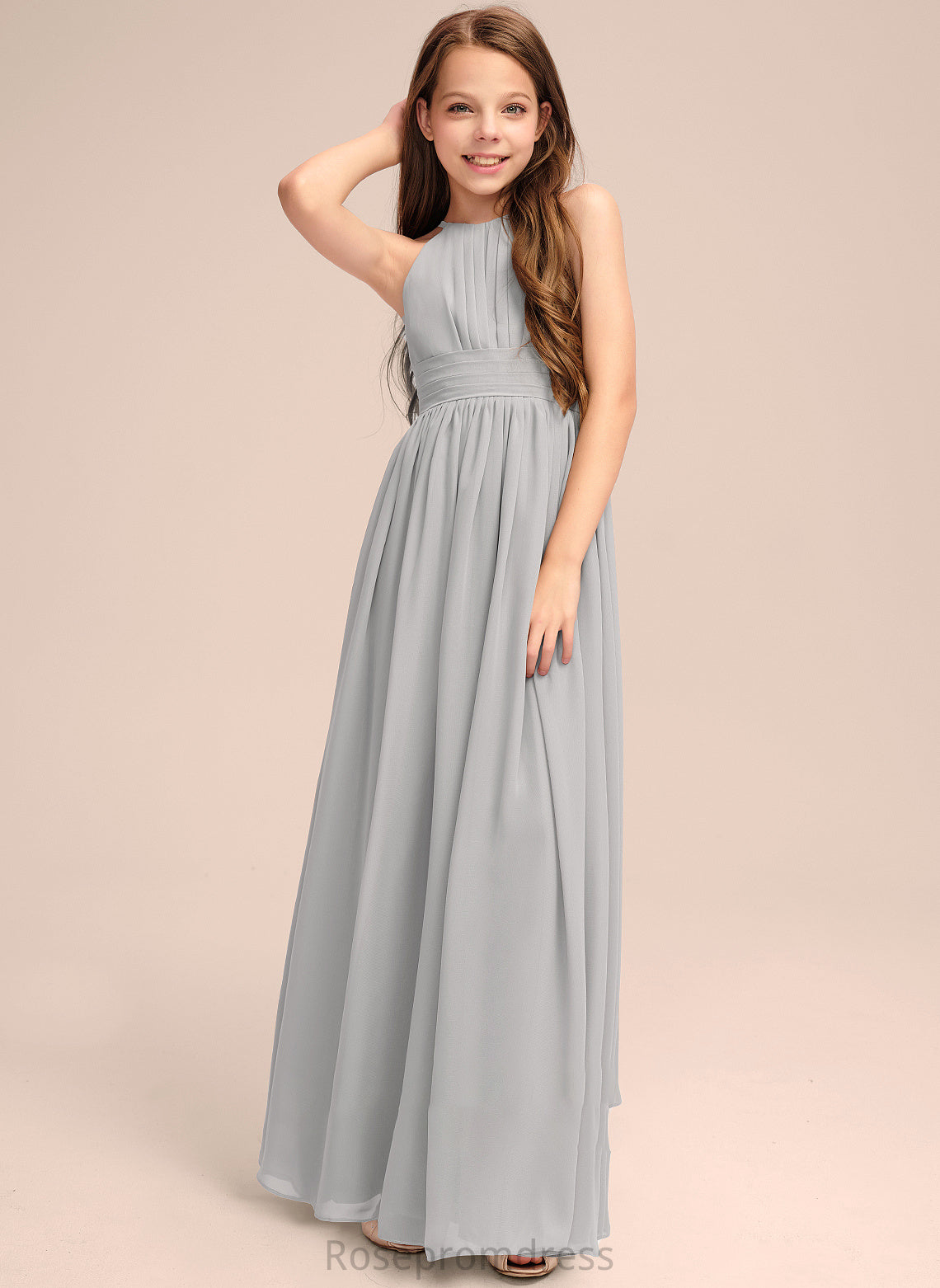 Ruffle Neck A-Line Aliya Chiffon Scoop With Floor-Length Junior Bridesmaid Dresses