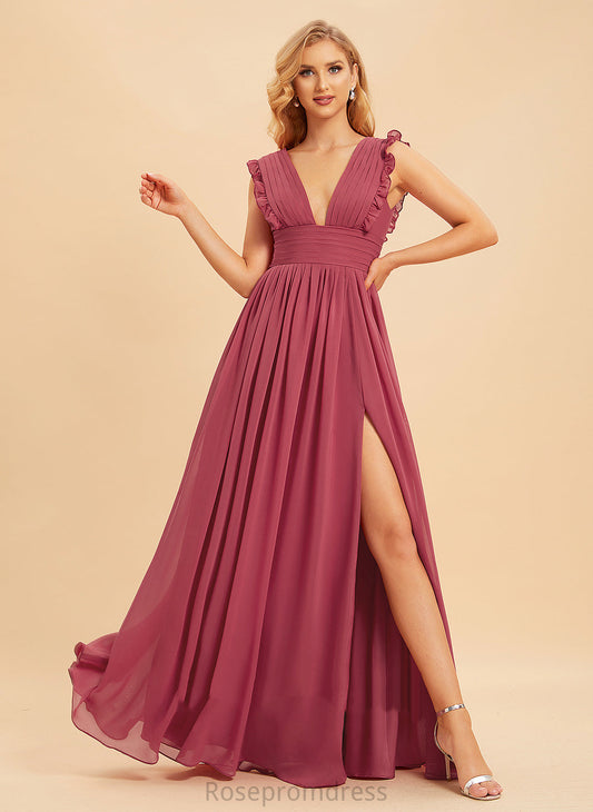 A-Line Fabric Length Ruffle SplitFront Silhouette Embellishment Neckline V-neck Floor-Length Gwen Bridesmaid Dresses