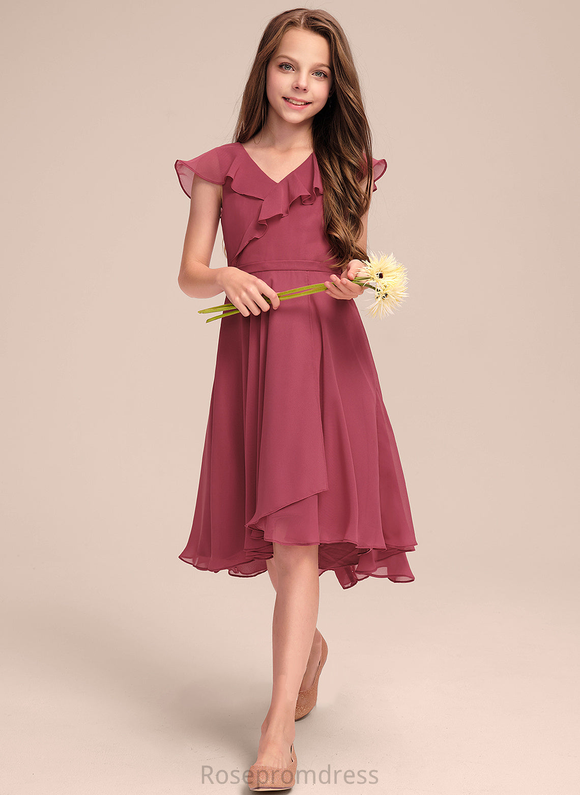 Chiffon Junior Bridesmaid Dresses Ruffles V-neck A-Line Cascading With Asymmetrical Jessica