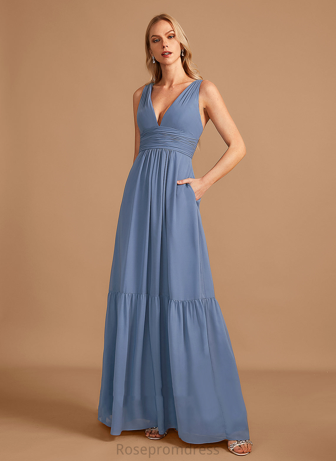 V-neck Neckline Fabric Pockets Silhouette Embellishment Floor-Length A-Line Length Gwen A-Line/Princess Natural Waist Bridesmaid Dresses