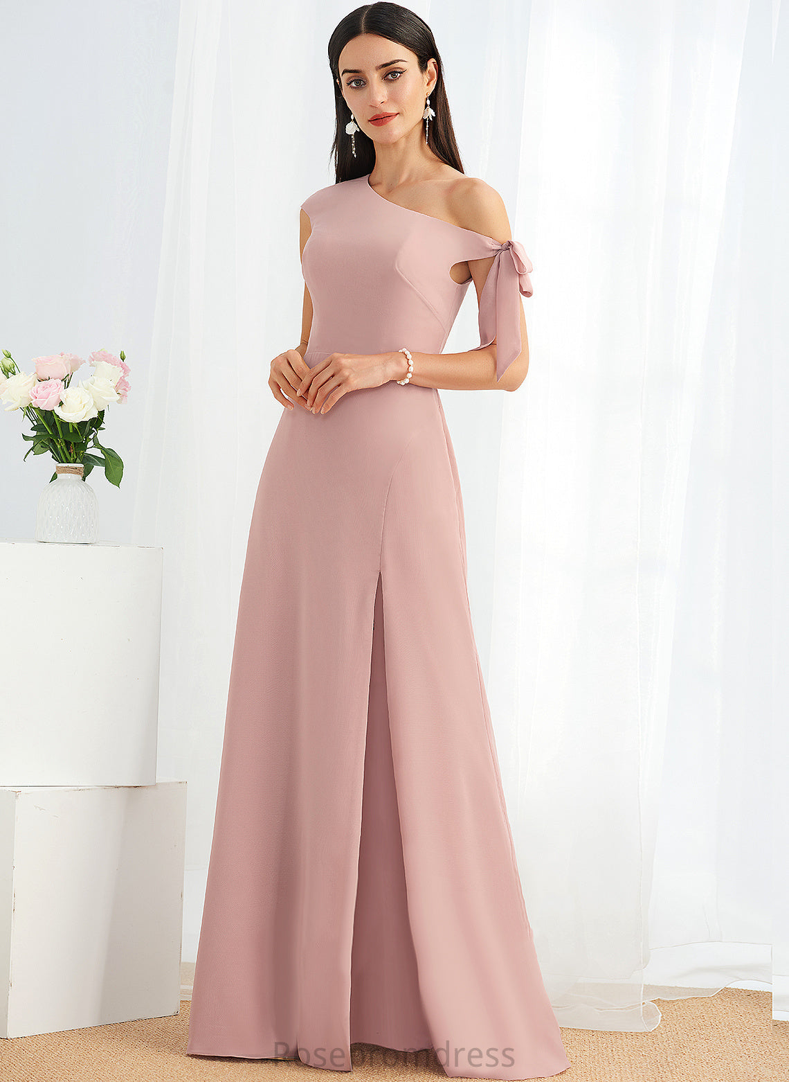 Length Floor-Length A-Line Neckline Fabric Silhouette One-Shoulder Embellishment Bow(s) Laney Natural Waist Straps Bridesmaid Dresses