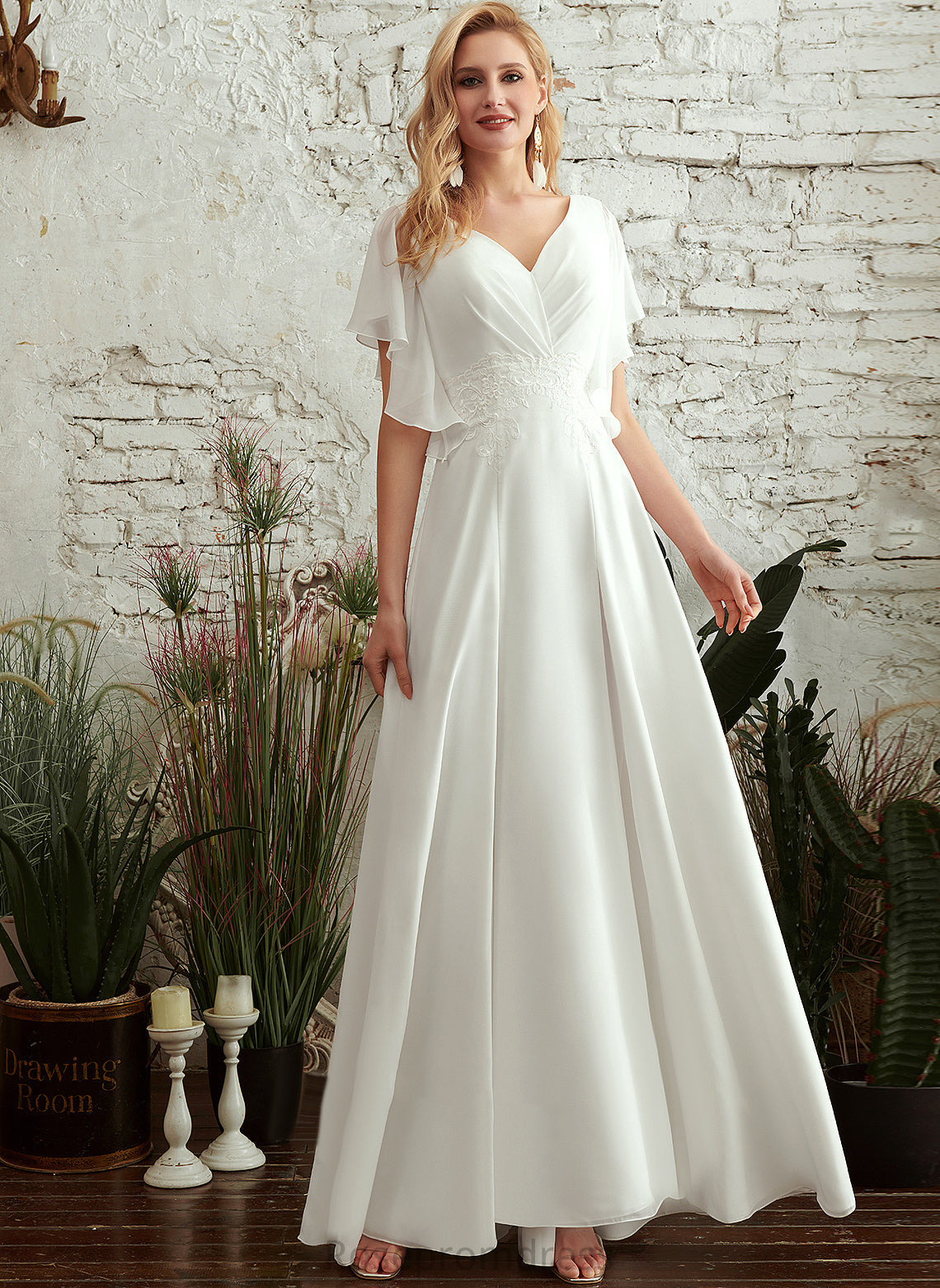 A-Line Belinda Chiffon Wedding Lace V-neck Floor-Length Dress Wedding Dresses