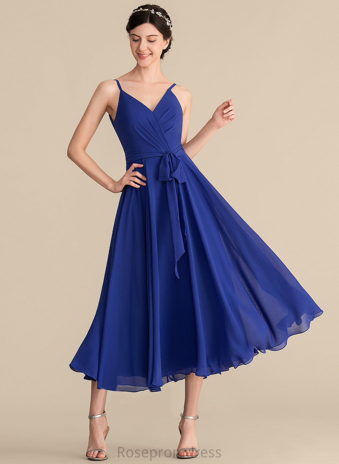 Neckline Tea-Length Silhouette A-line Embellishment Fabric V-Neck Length Cloe Bridesmaid Dresses