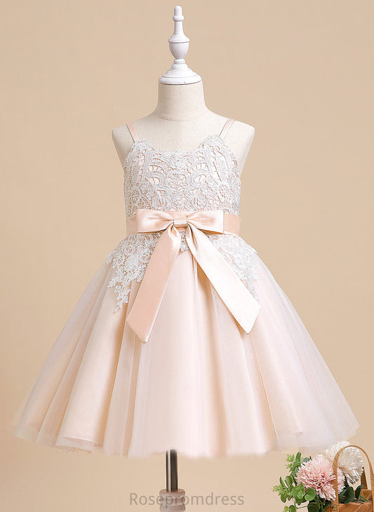 With A-Line Scalloped Flower Girl Dresses Raegan Flower Tulle Knee-length Bow(s) Sleeveless Neck Girl Dress