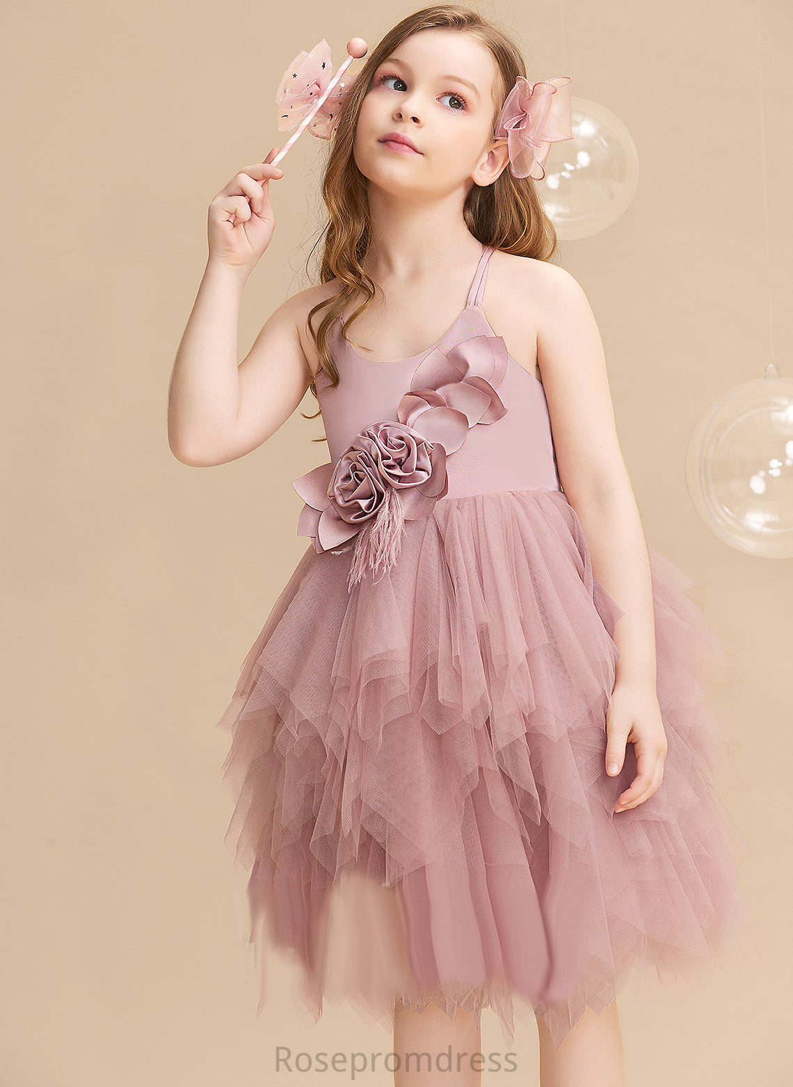 Neck Tulle Knee-length Feather/Flower(s) Teresa Flower Scalloped Flower Girl Dresses Ball-Gown/Princess Girl Dress - Sleeveless With