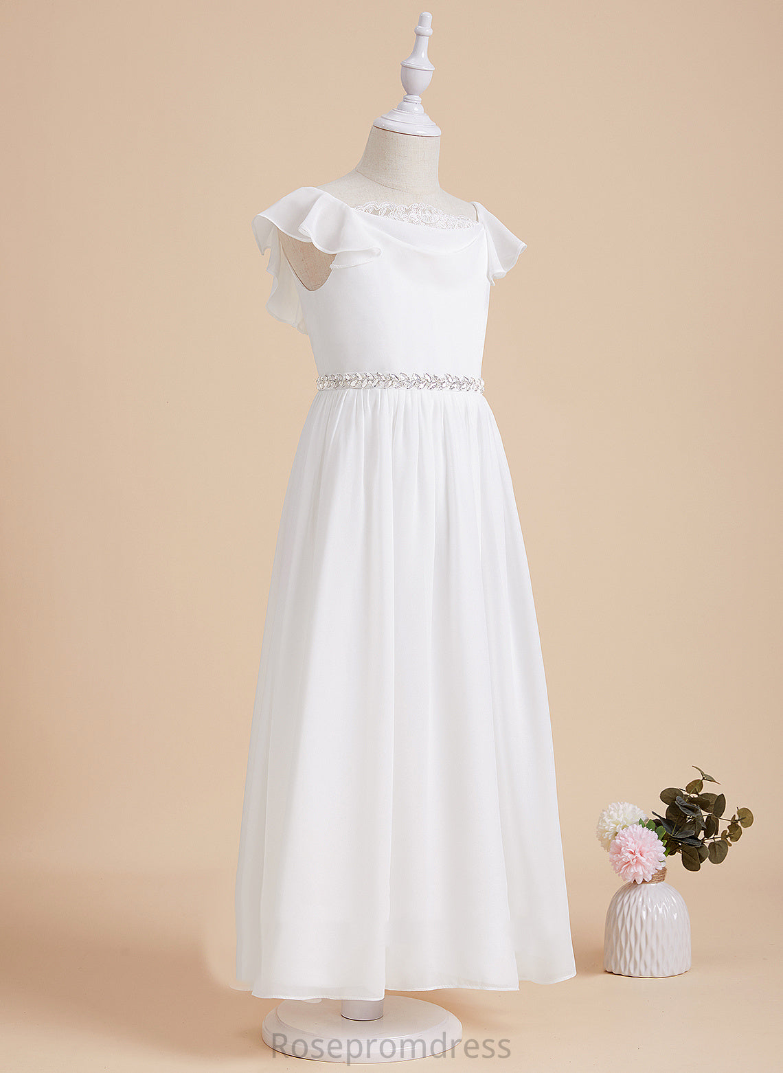 Scoop Flower - Chiffon/Lace Caitlyn Dress With Short Flower Girl Dresses Ankle-length Neck Sleeves Girl A-Line Beading