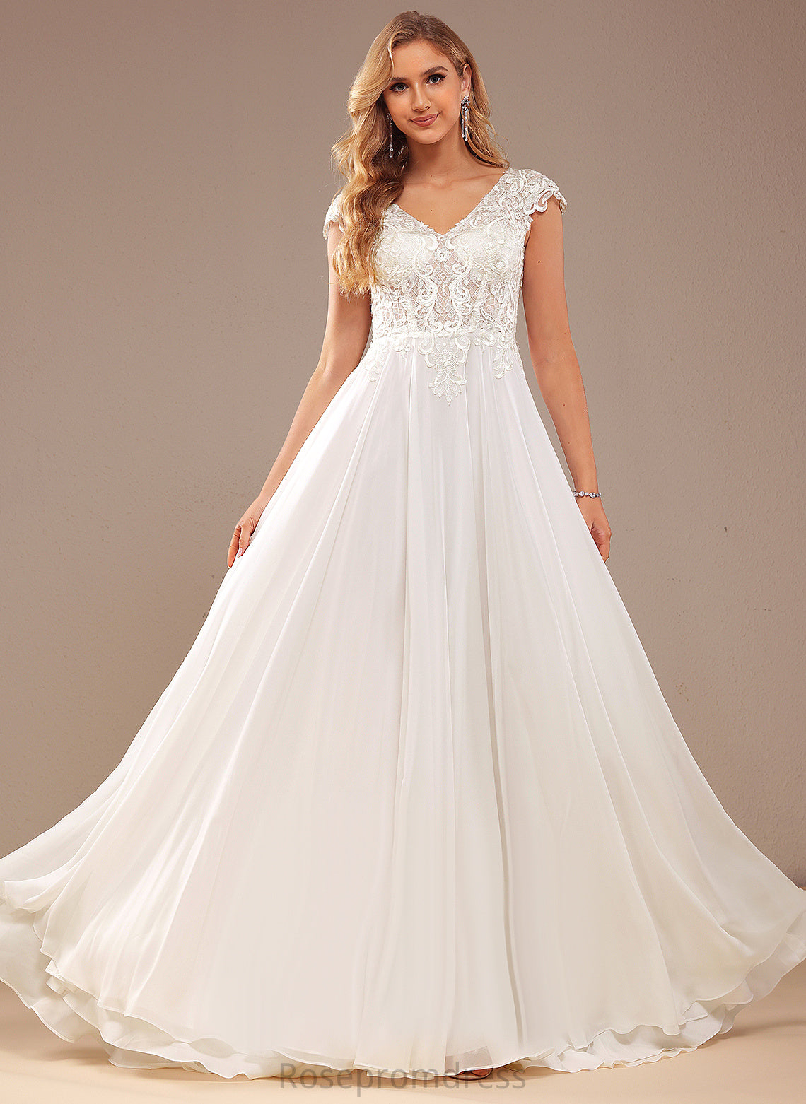 Train A-Line Wedding Dresses With Lace Dress V-neck Wedding Chiffon Lace Sweep Belen