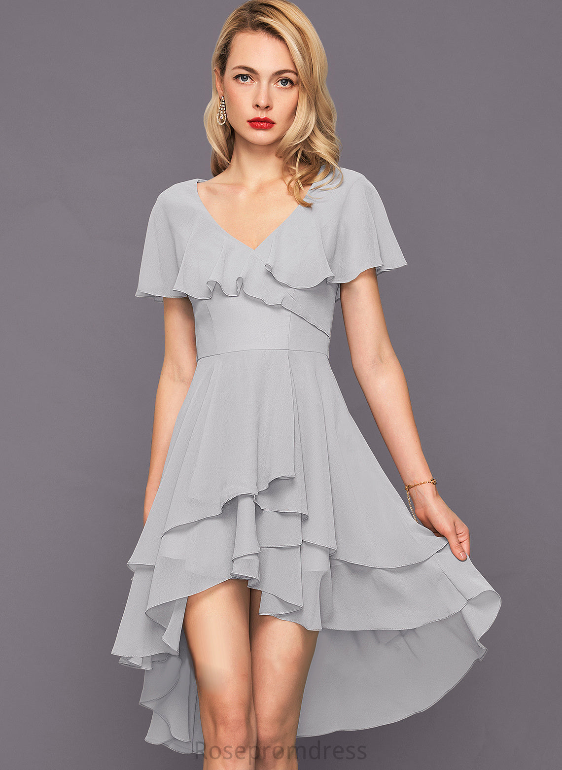 V-neck Makenna Dress With Asymmetrical A-Line Chiffon Ruffles Cocktail Cascading Cocktail Dresses