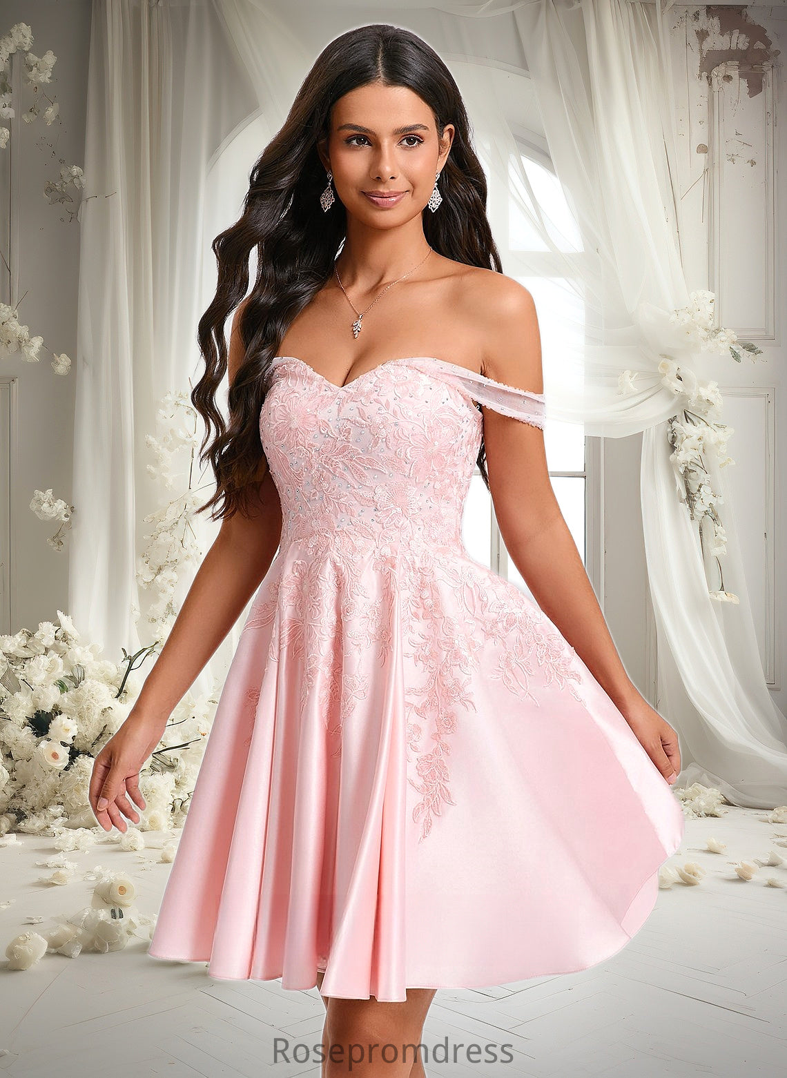 Mabel A-line Off the Shoulder Short Satin Homecoming Dress With Rhinestone Beading Appliques Lace DSP0025679