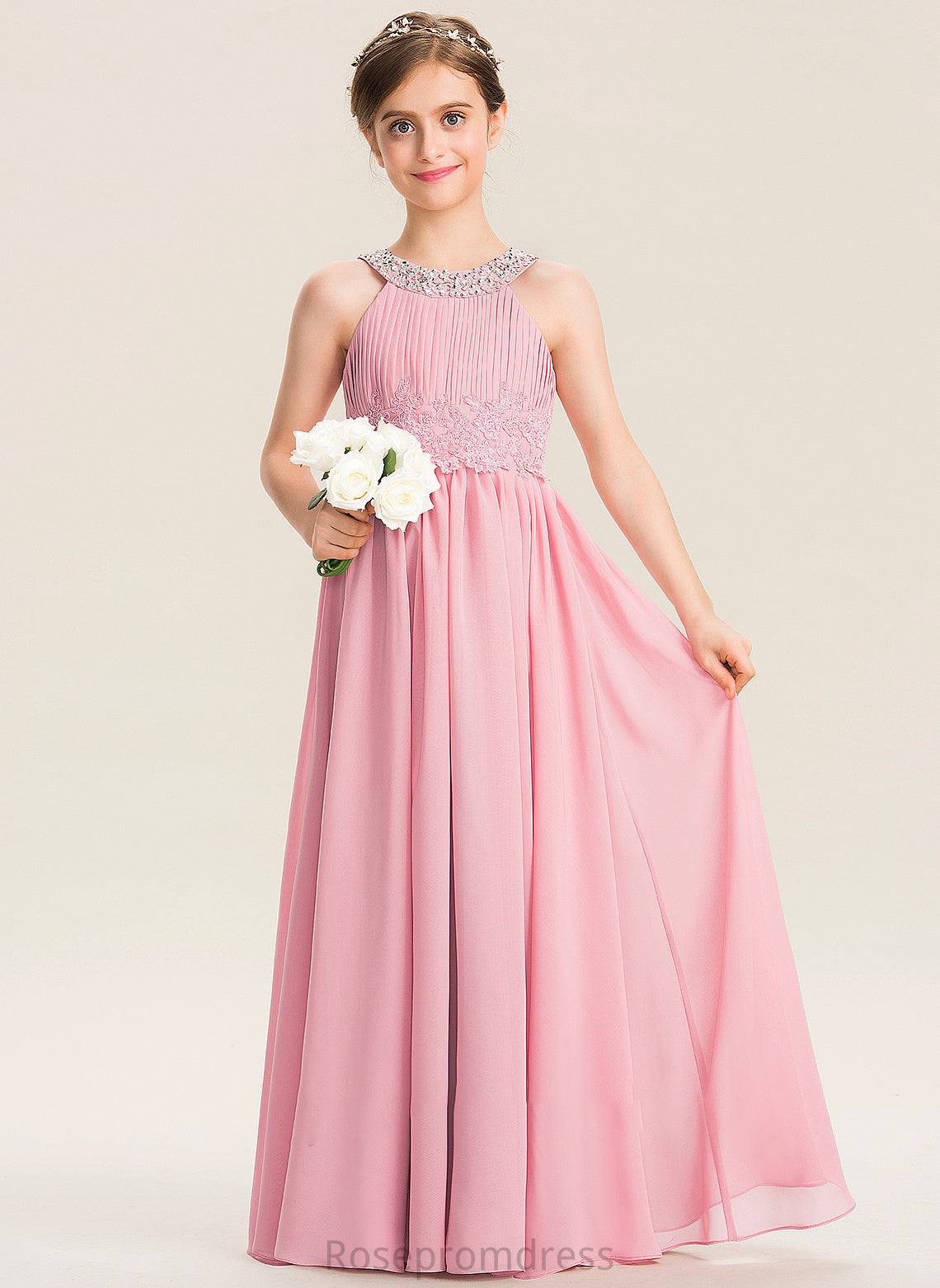 Scoop Maisie Ruffle Beading Junior Bridesmaid Dresses Floor-Length Chiffon A-Line Sequins Lace With Neck