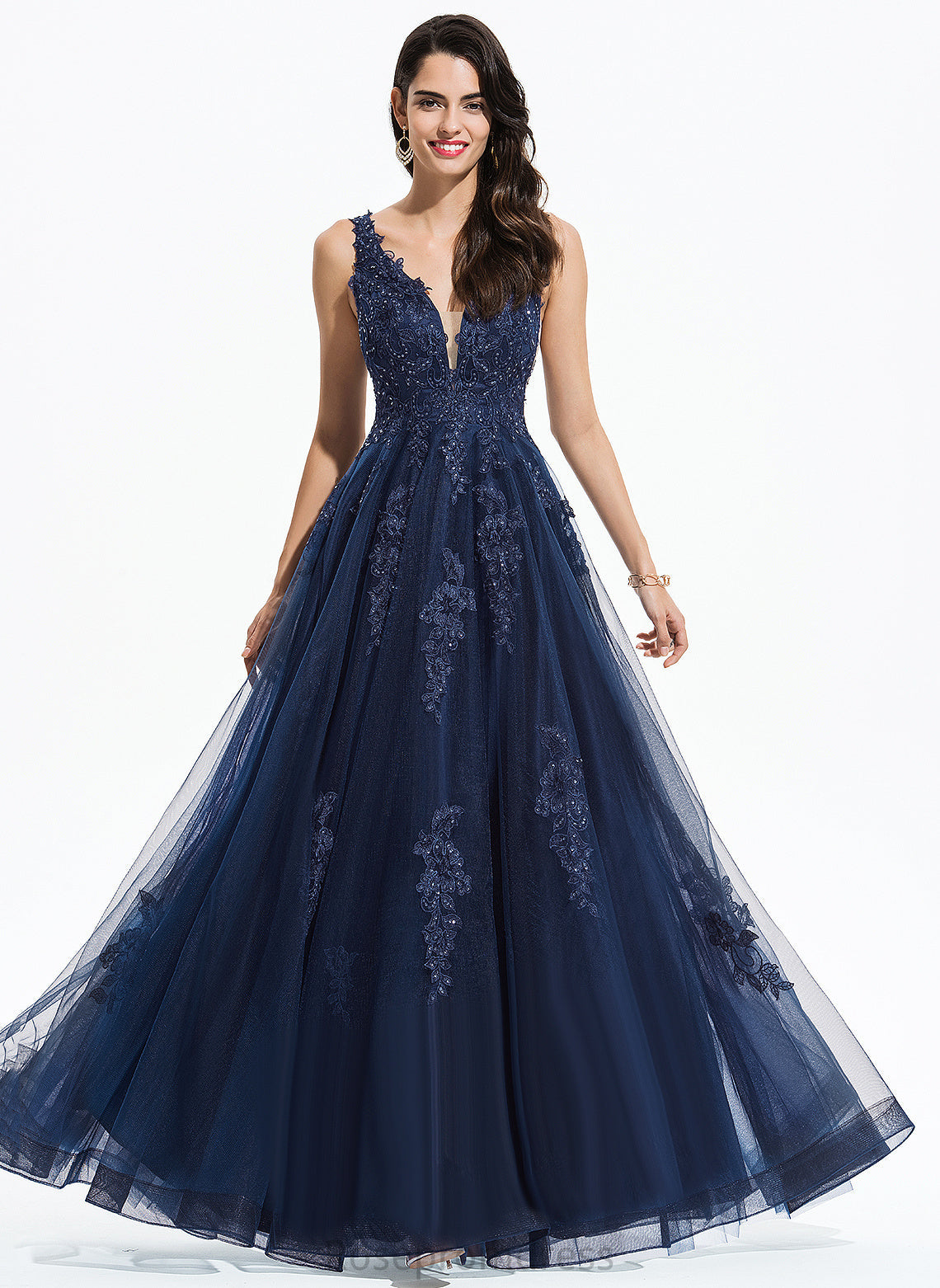 Tulle Sequins Claire Floor-Length With V-neck A-Line Prom Dresses