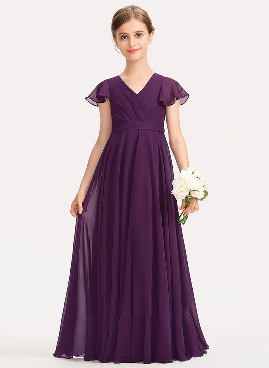 Ruffles With Floor-Length Chiffon Cascading Alia A-Line Junior Bridesmaid Dresses V-neck Bow(s)