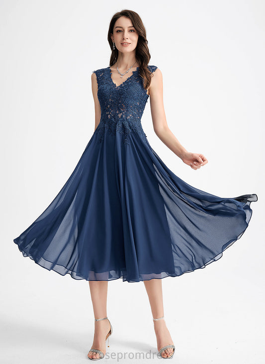 Cocktail Dresses Chiffon Dress Tea-Length A-Line V-neck Cocktail Lace Ruby