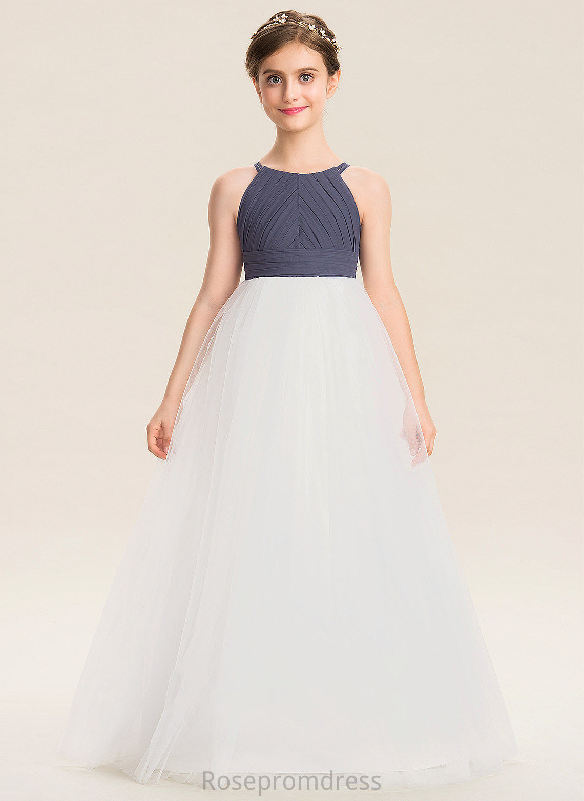 Ruffle A-Line Tulle Junior Bridesmaid Dresses Neck Chiffon Scoop With Paola Floor-Length