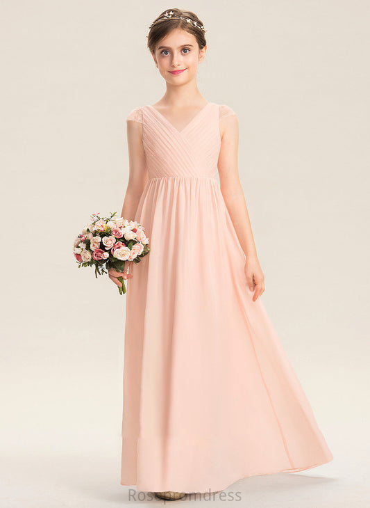 Floor-Length Elsie Junior Bridesmaid Dresses Lace Chiffon Ruffle A-Line V-neck With