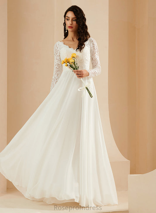 Chasity Train Wedding Dresses Wedding Lace A-Line With V-neck Sweep Chiffon Dress