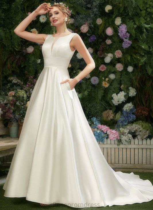 Scoop Neck Satin Court Wedding Dresses Wedding Dress Abril A-Line Train