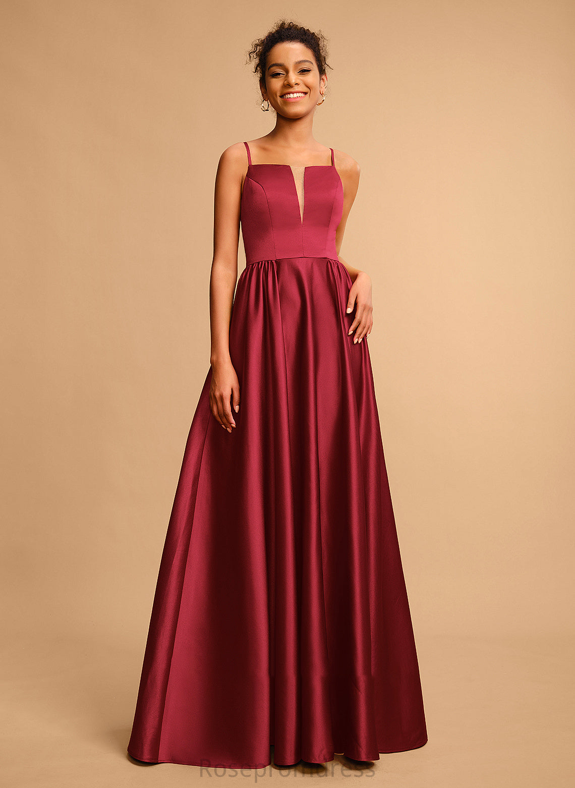 Satin Neckline Scarlet A-Line Square Prom Dresses Floor-Length