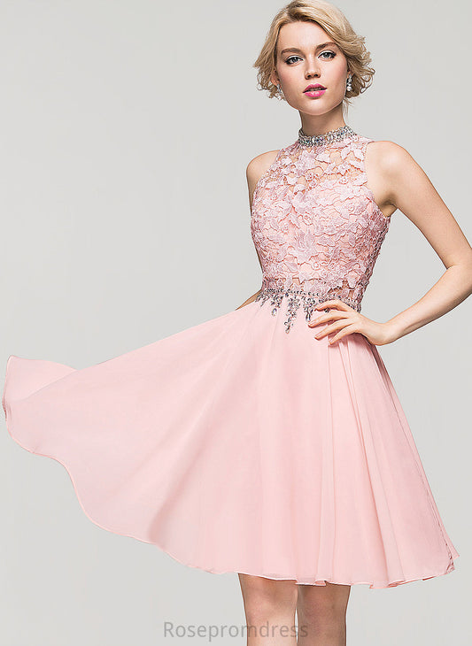 Knee-Length Dress Lace With Sequins Neck A-Line Kaylyn Beading High Chiffon Lace Cocktail Dresses Cocktail