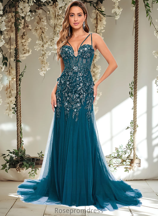 Sophia Trumpet/Mermaid V-Neck Sweep Train Tulle Prom Dresses With Sequins Appliques Lace DSP0025853