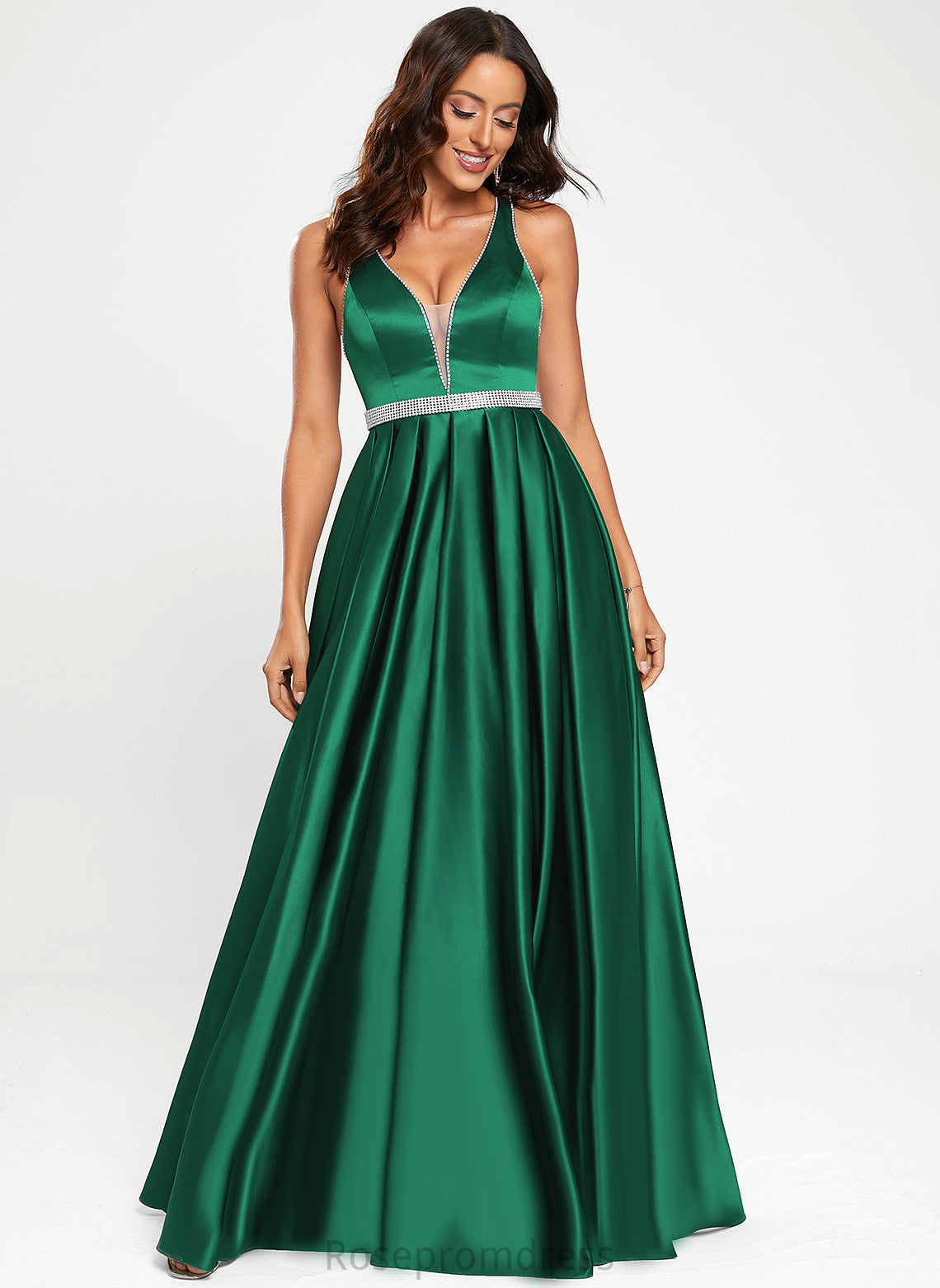 A-Line Gabrielle Prom Dresses V-neck With Beading Floor-Length Satin