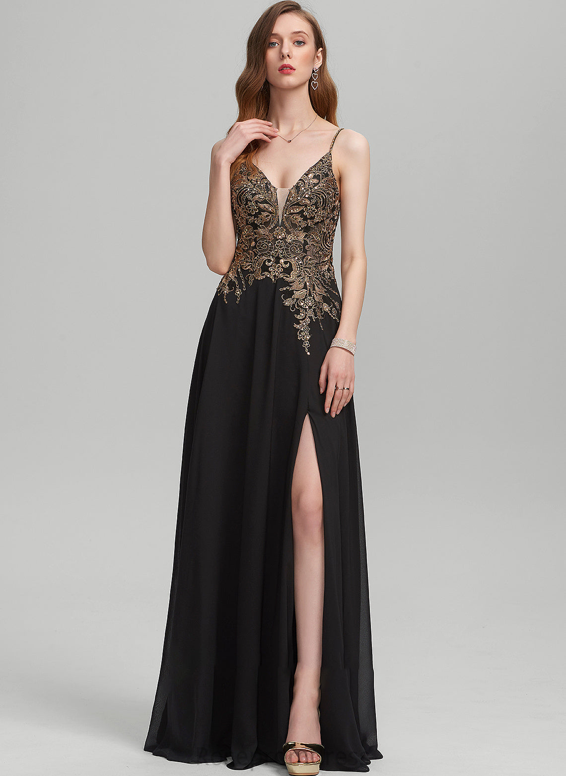 With Sequins Chiffon Prom Dresses V-neck Floor-Length Lace A-Line Front Split Aisha