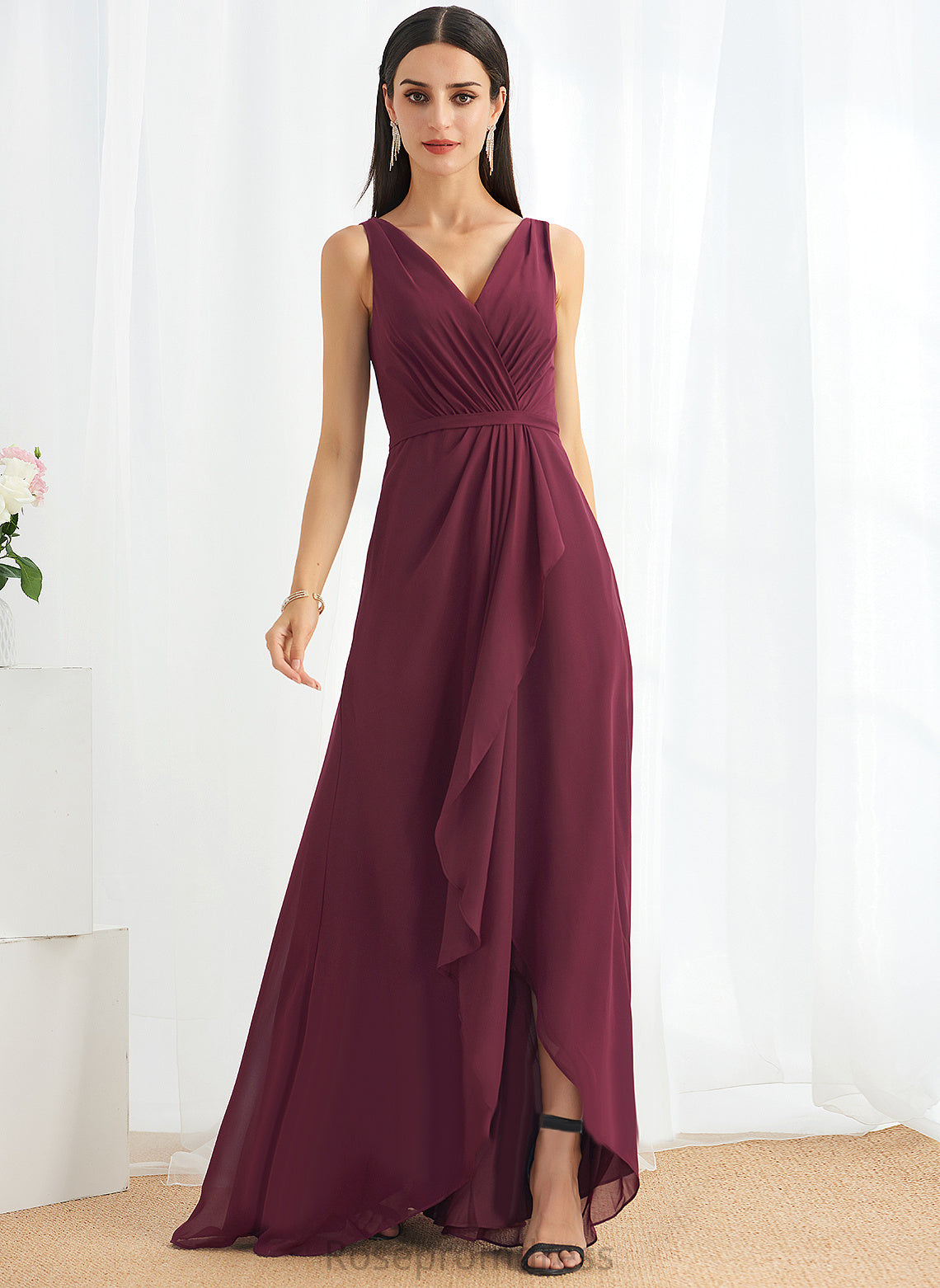 V-Neck A-line Neckline Silhouette Length Asymmetrical Fabric Straps&Sleeves Charlize Sleeveless Floor Length A-Line/Princess Bridesmaid Dresses