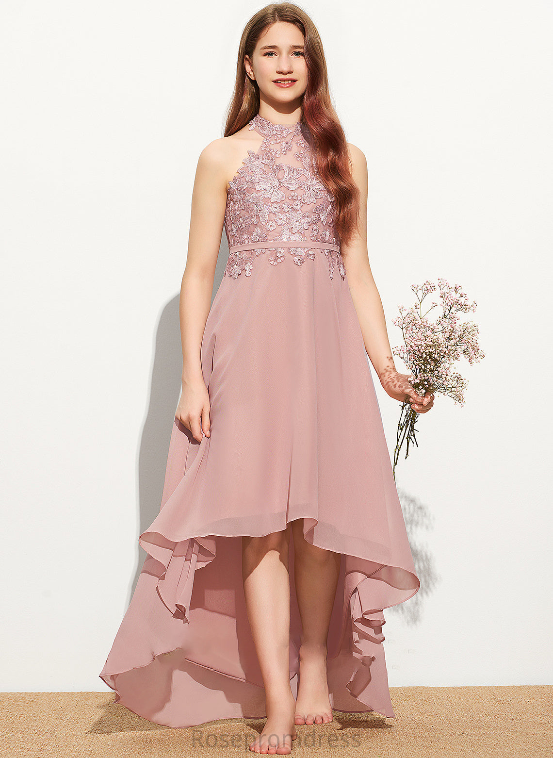 Junior Bridesmaid Dresses Lace Hannah Neck Chiffon Asymmetrical A-Line Scoop