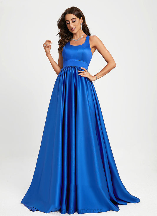 A-Line Sweep Train Scoop Satin Carlee Prom Dresses