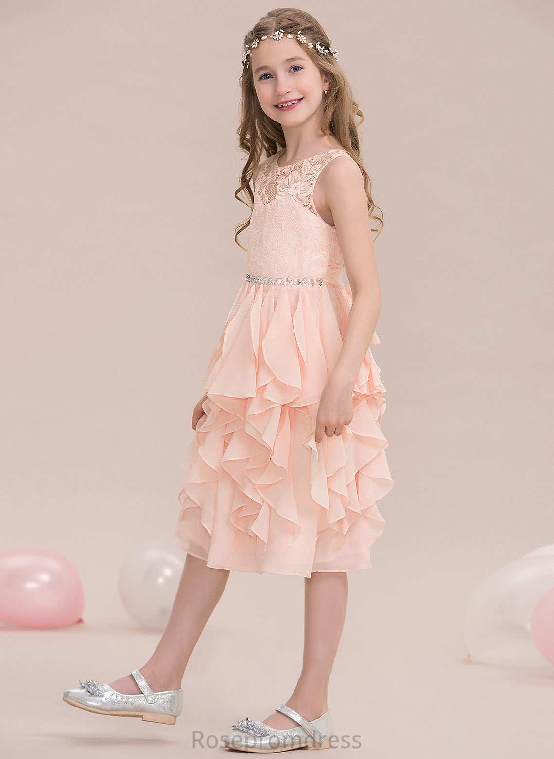 Sequins Chiffon Beading Neck Jaliyah A-Line With Cascading Scoop Ruffles Knee-Length Junior Bridesmaid Dresses