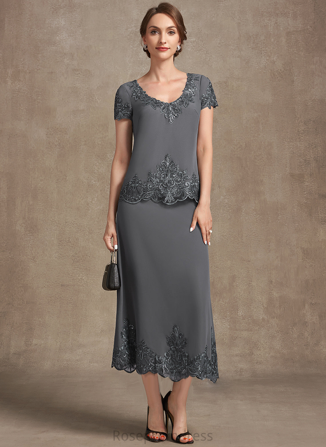 Scoop the Mother Sequins Chiffon Bride Dress Andrea Tea-Length Neck Mother of the Bride Dresses A-Line With Lace of