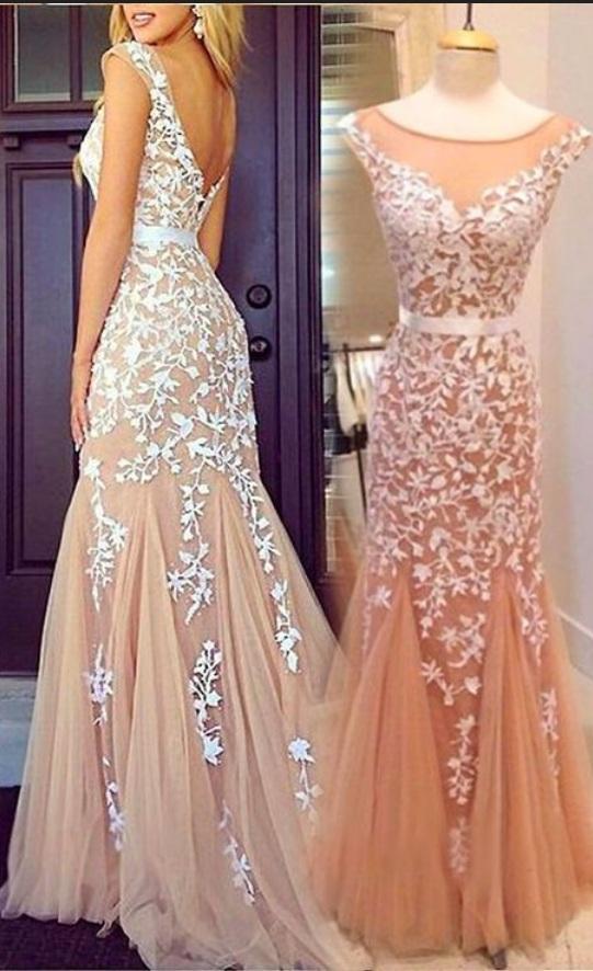 Cap Sleeves Mermaid Round Neckline Appliques Tulle Backless Lace Prom Dresses RS426