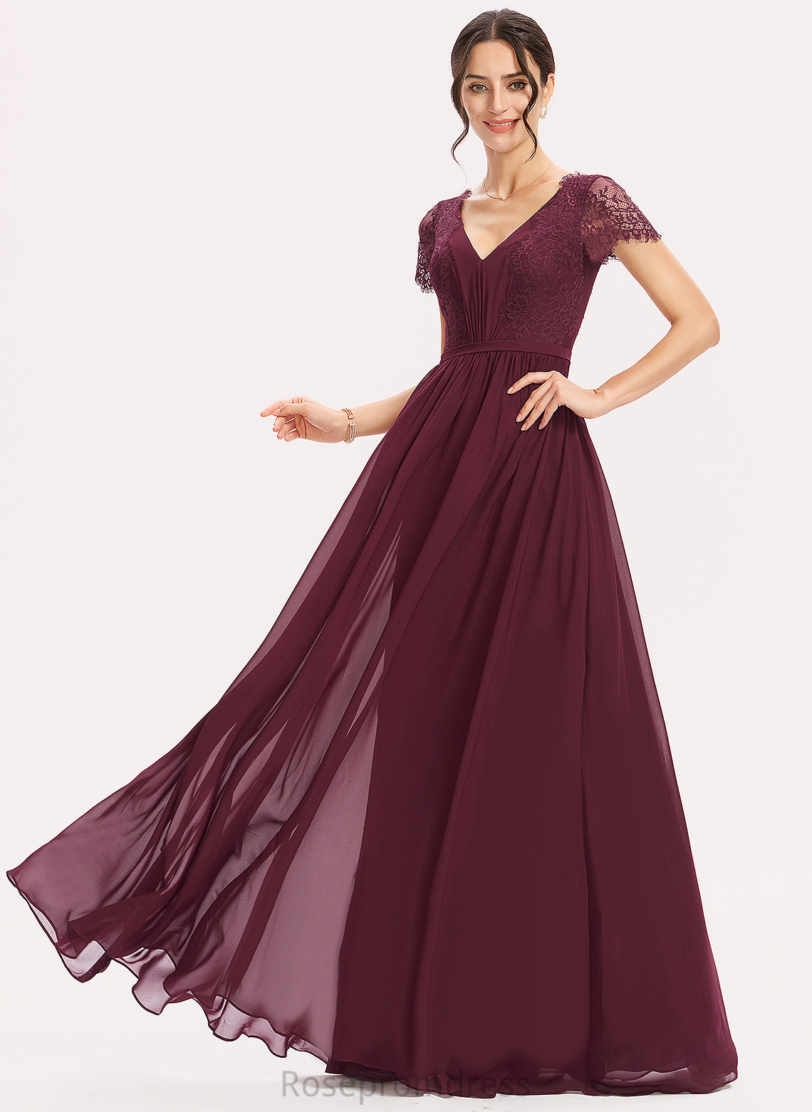 Neckline Lace Fabric Length V-Neck A-line Silhouette Floor-Length Straps&Sleeves Akira Bridesmaid Dresses