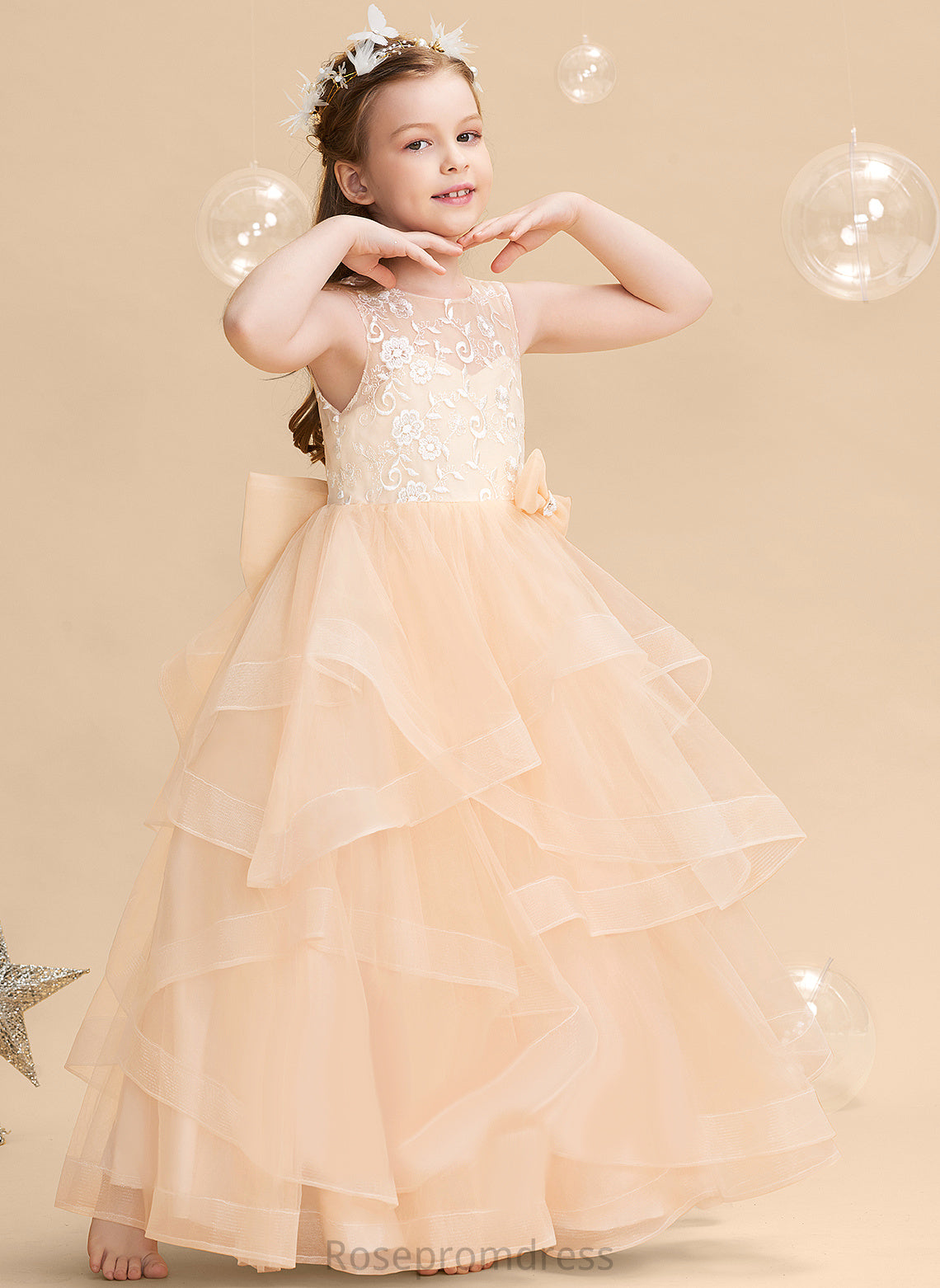 Lola Sleeveless Scalloped Neck Girl Floor-length Dress Ball-Gown/Princess Back Lace/Flower(s)/Bow(s)/V Flower Girl Dresses Flower With Tulle