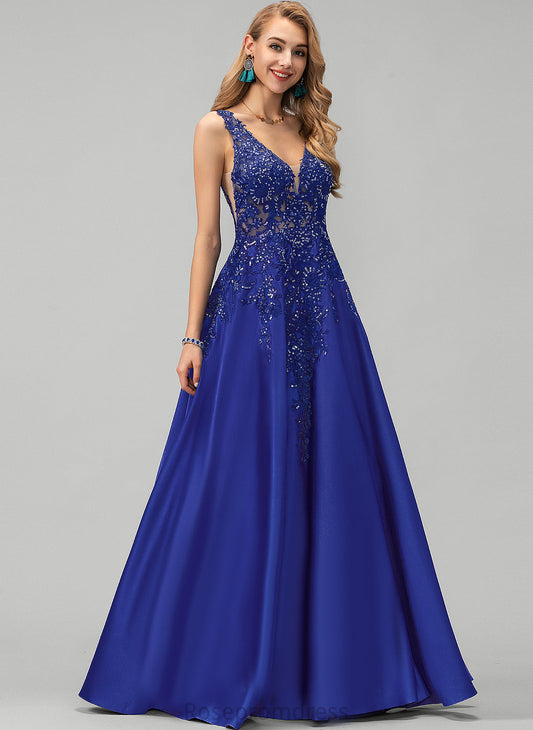 Prom Dresses Floor-Length Sequins With A-Line Angelica Satin V-neck