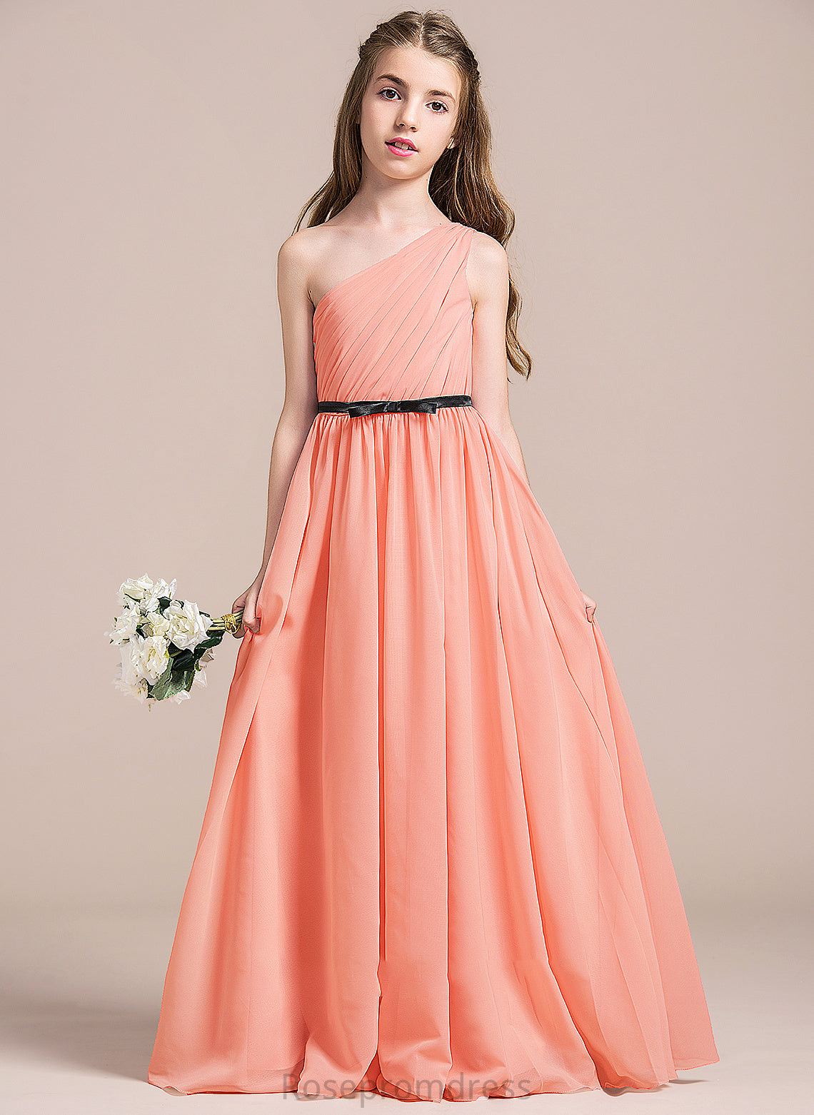 A-Line Junior Bridesmaid Dresses Ruffle Asia One-Shoulder Chiffon Floor-Length With Bow(s)