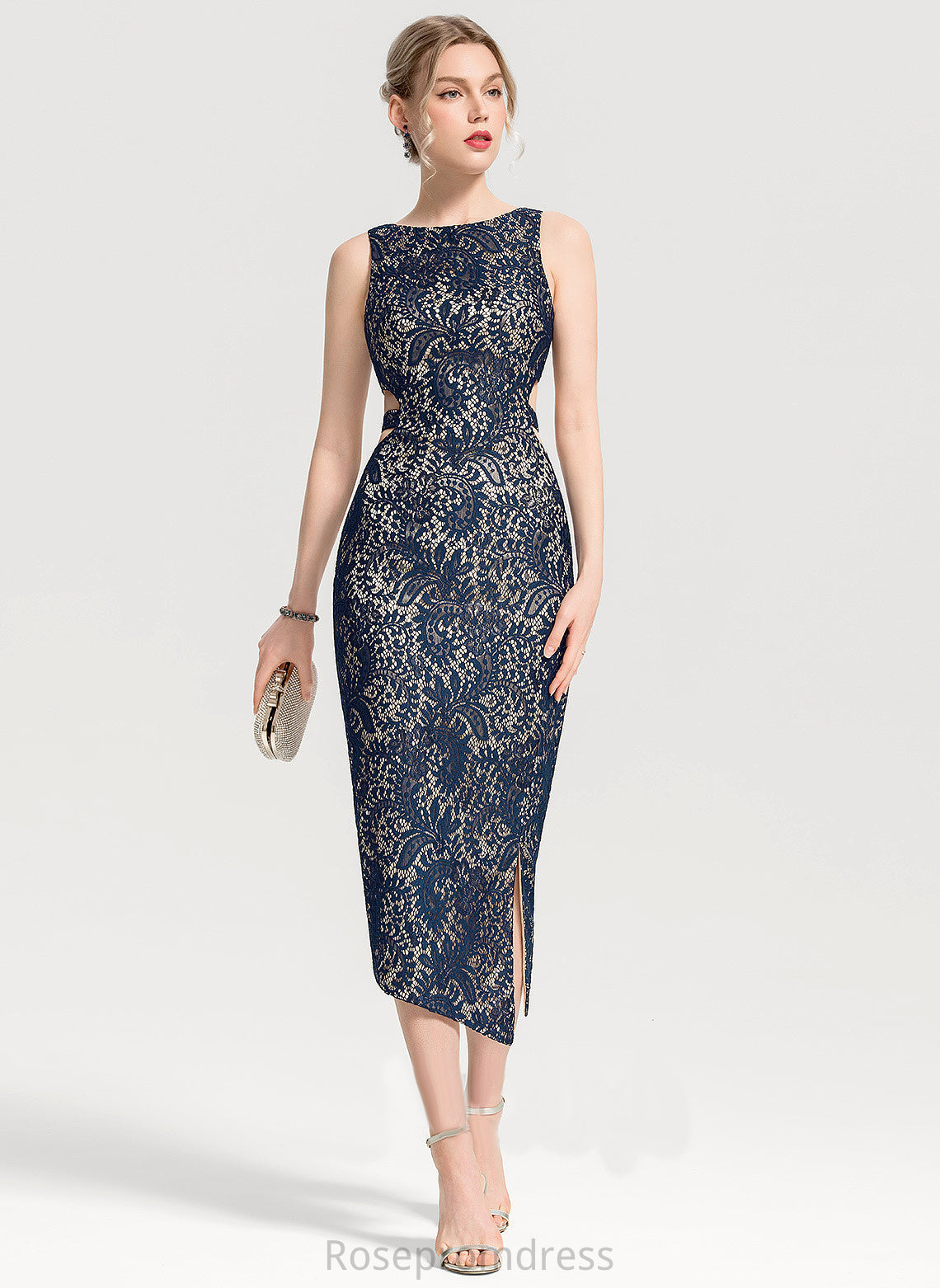 Split Tea-Length Lace Sheath/Column Neck Dress Scoop With Cocktail Dresses Cocktail Martina Front